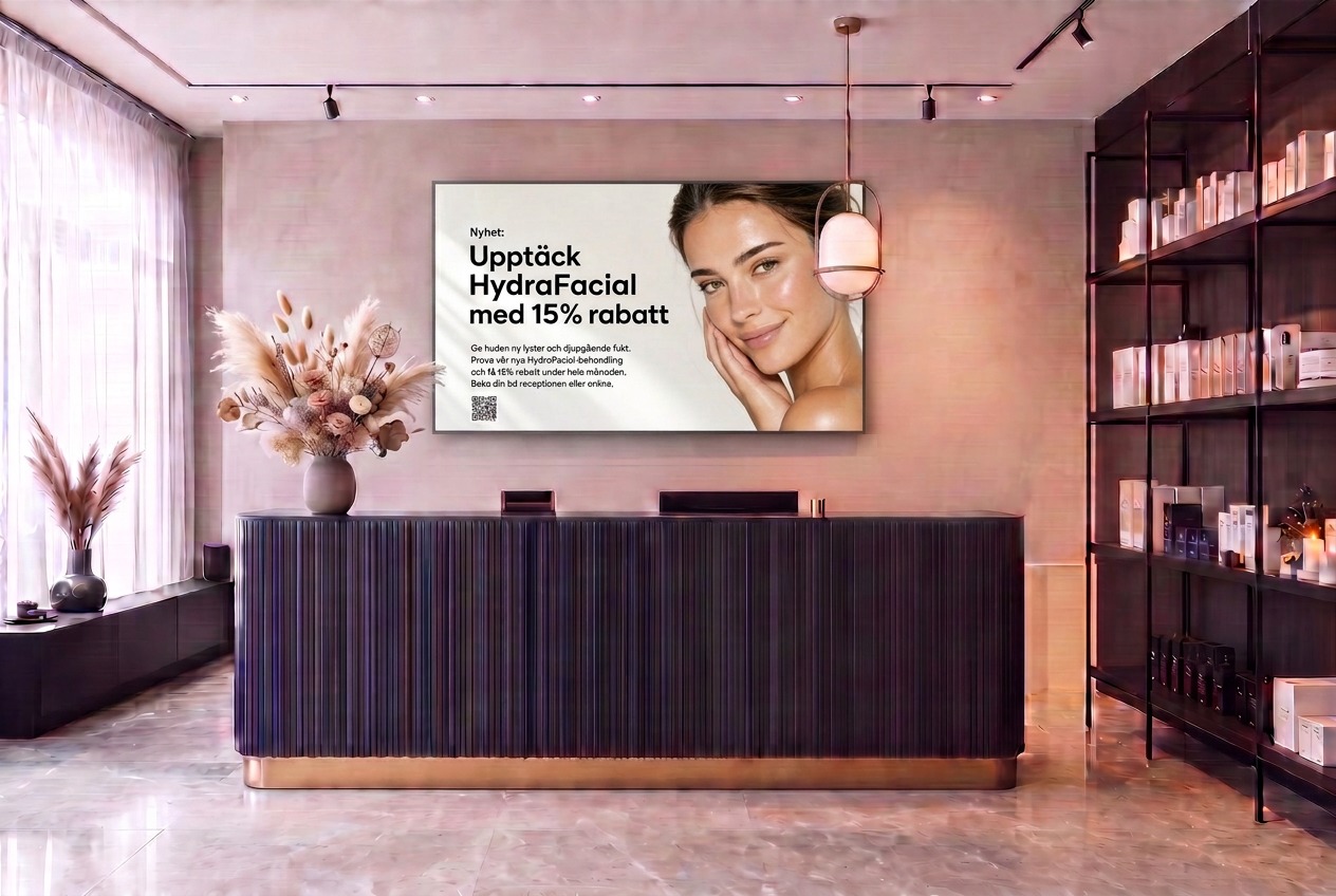 Digital tavla från TellrBoard i kassan på en skönhetssalong